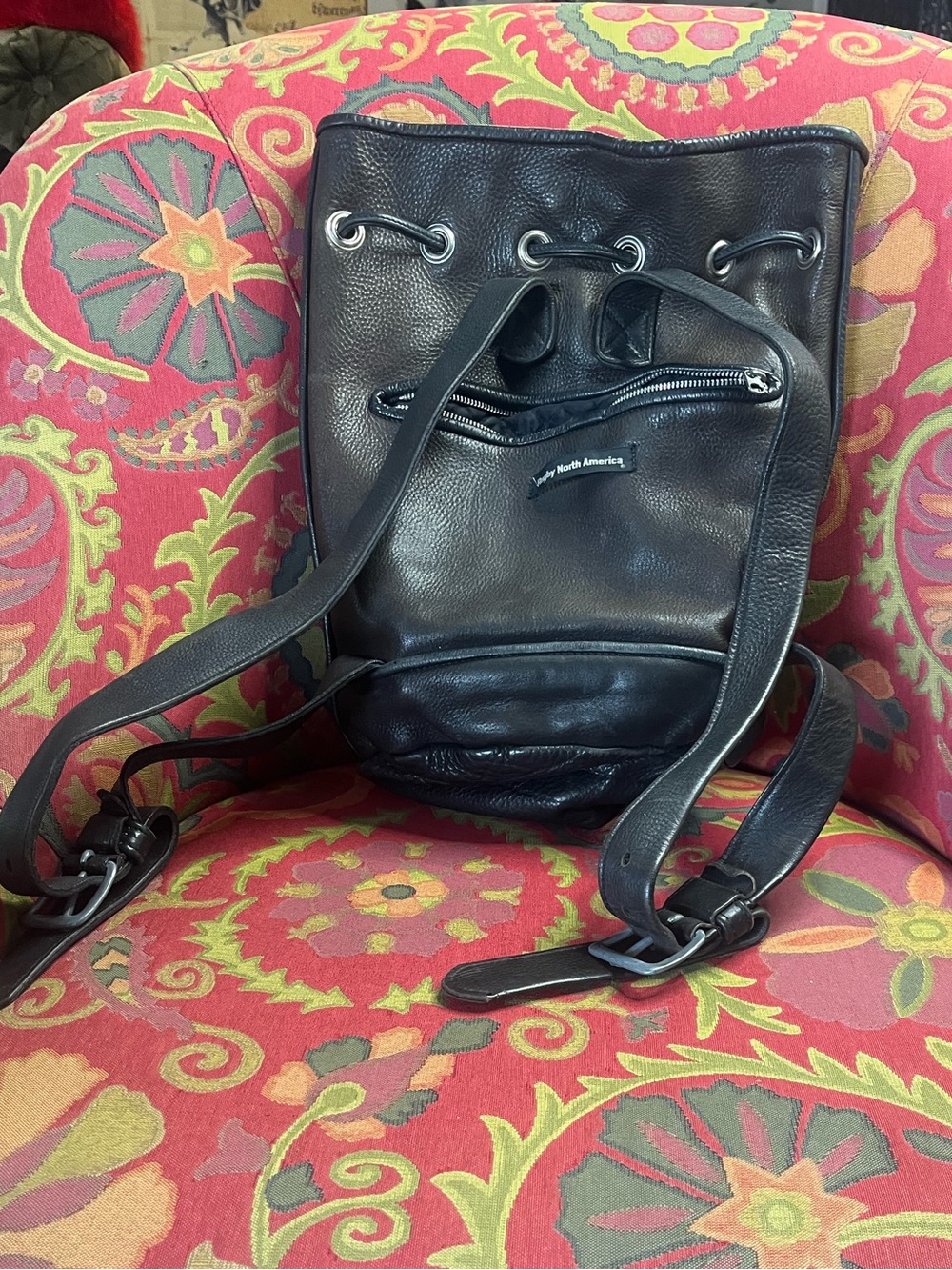 Black Leather Drawstring Rugby North America Backpack with Front Zip Pocket